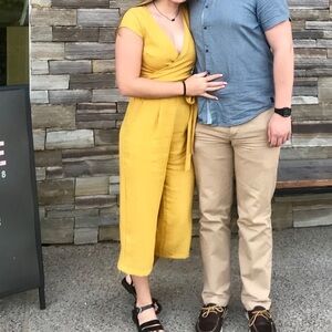 Mustard linen jumpsuit with tie & small cutout